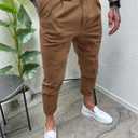 Runcati Mens Slim Fit Dress Pants Pleated Front Skinny Stretch Business Suit Trousers Classic Tapered Work Slacks (38, Brown)