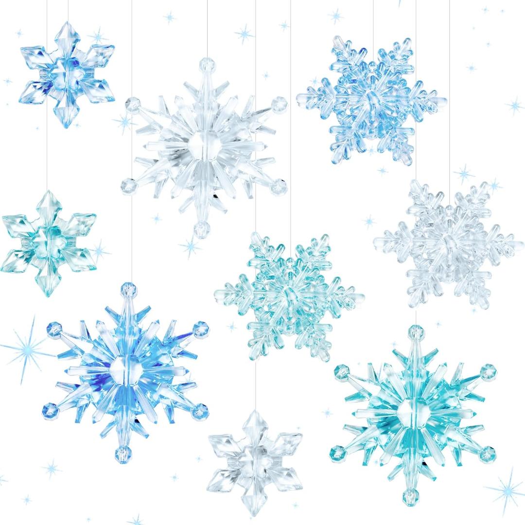 Soaoo 150 Pcs Winter Acrylic Snowflake Ornaments Crystal Snowflake Decoration Ornaments Assorted Size Winter Table Scatter Xmas Tree Hanging Pendant for DIY Craft Party Favor(Blue, Green, Clear)