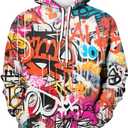 Men's Novelty Hip-hop Graffiti Cool Graphic Hoodies Hooded Colorful Totem Sweatshirts Pullover, Small, Purple (Pink)