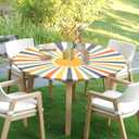 Boho Sun Round Fitted Tablecloth with Elastic Colorful Rainbow Stripe Circle Table Cloth for 40-44" Tables Summer Sunshine Retro Bohemian Wipeable Waterproof Table Cover for Farmhouse Picnic Party