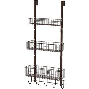 Over the Door Basket Organizer 3 Tier Hanging Basket Door Shelf Rack Heavy Duty Over Door Pantry Organizer with 3 Metal Baskets for Kitchen Bathroom Bedroom Living Room, Dark Brown