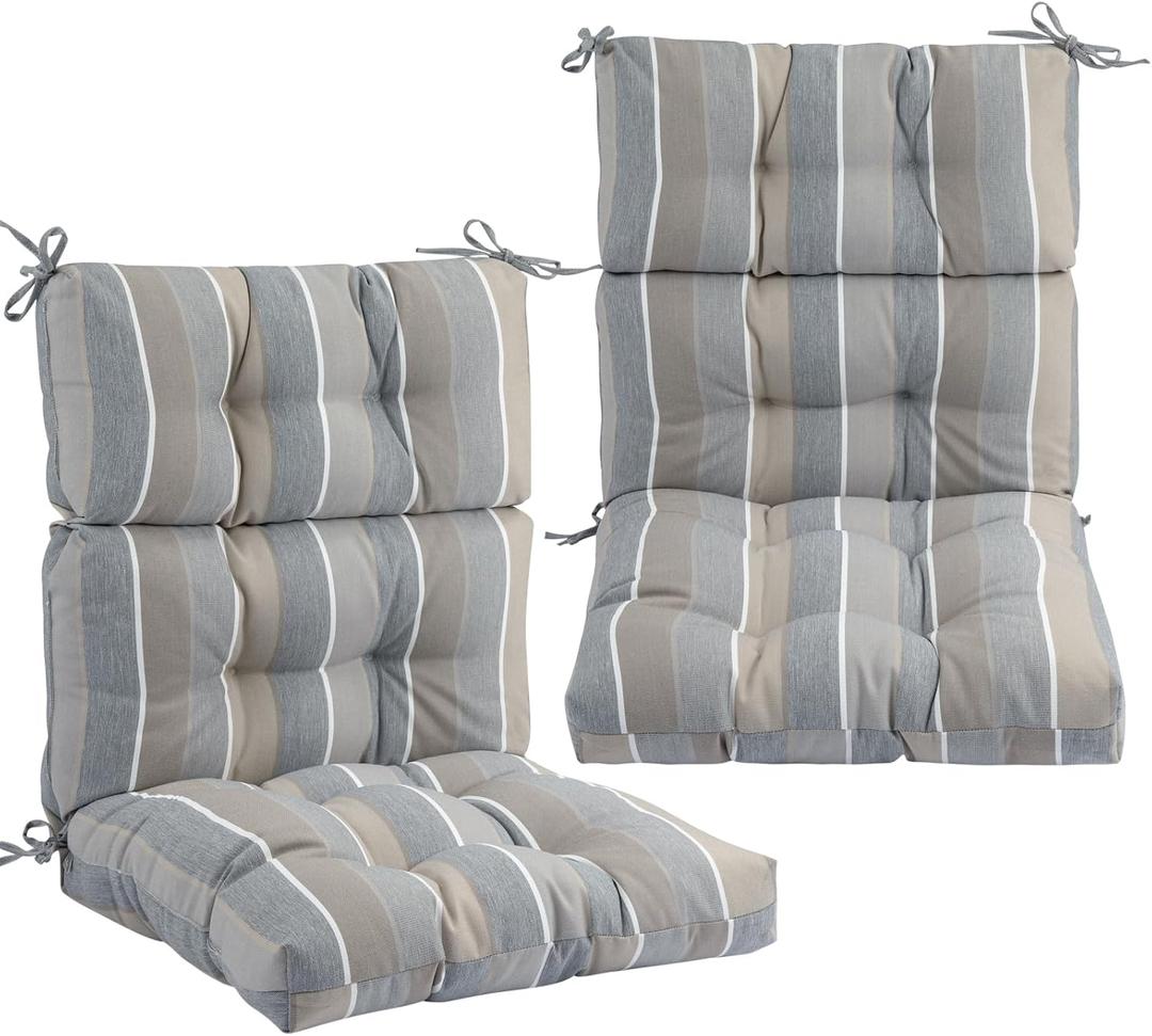 FUNHOME Outdoor High Back Chair Cushions Set of 2,Reversible Lawn Chair Cushion 44 x22 inch,Water Resistant Tufted Adirondack Chair Cushion,for Garden Rocking Chair,Patio Furniture(Gray Stripe), Seat:22"x20"x4",Back:22"x24"x4"