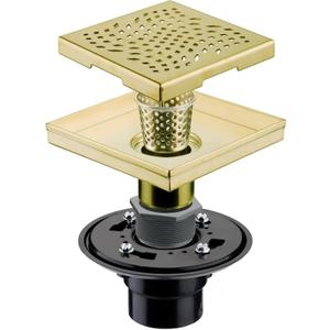 Gold Brushed Shower Drain with Flange, HIDROP SUS 304 Stainless Steel 6 inch Square Shower Floor Drain with Removable Hair Strainer