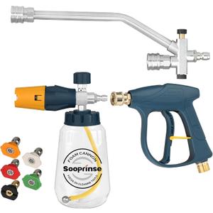 Sooprinse Pressure Washer Foam Cannon with Short Pressure Washer Gun, Dual Connector Accessory, Snow Soap Attachment for Car Wash, 5 Nozzles Tips with 1/4” Quick Connect， 4000 PSI