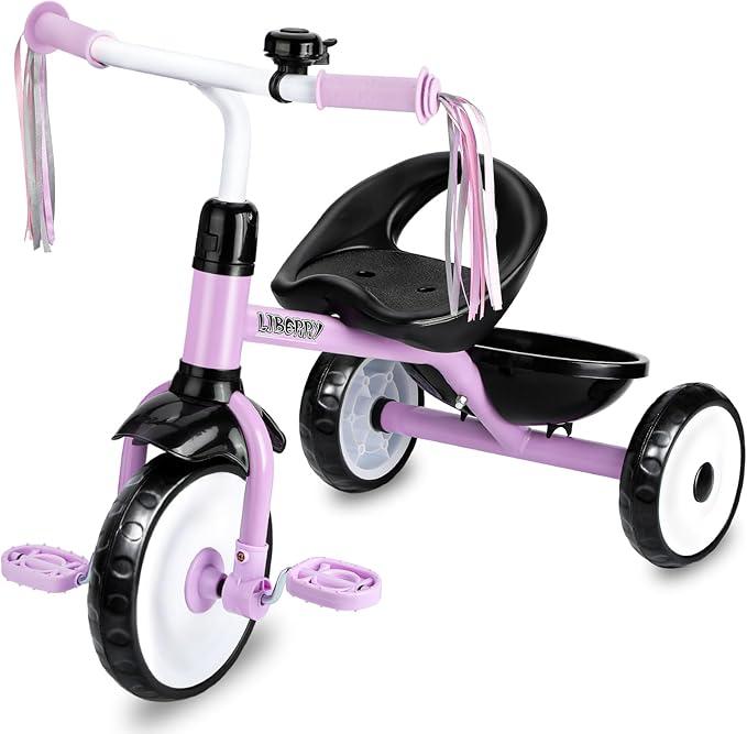 Liberry Toddler Tricycle Age 2 3 4 Years Old, Kids Trike with Bell, Back Basket and Removable Pedal, 3 Wheel Bike Riding Toy Gift for Girls, Purple