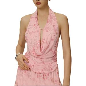 WDIRARA Women's Floral Sparkly Sequin Draped Halter Top Sexy Cut Out Backless Sleeveless Top (Pink, L)