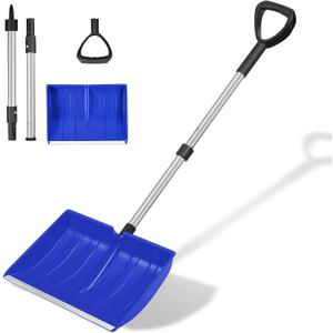 Ergonomic Large Snow Shovel for Driveway: 48-Inch Dual-Lock Knob Anti-Wobble Handle, 16" Plastic Blade w/Metal Edge, Ultra-Light 1.9 lb, Portable Aluminum Shaft, Car, Camping & Emergency (Blue)