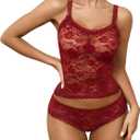 Avidlove Sexy Pajama Set for Women Floral Lace Lingerie Set Sheer Sleepwear See Through Lace Shorts PJ Set (Samll, Red)