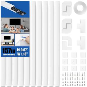 Delamu 157in Cord Hider, Cable Management Raceway, Paintable Wire Cover for Cords for TV on Wall, 10 X L15.7 W1.18 H0.6in, White (157inL x 1.18in W x 0.6in H)