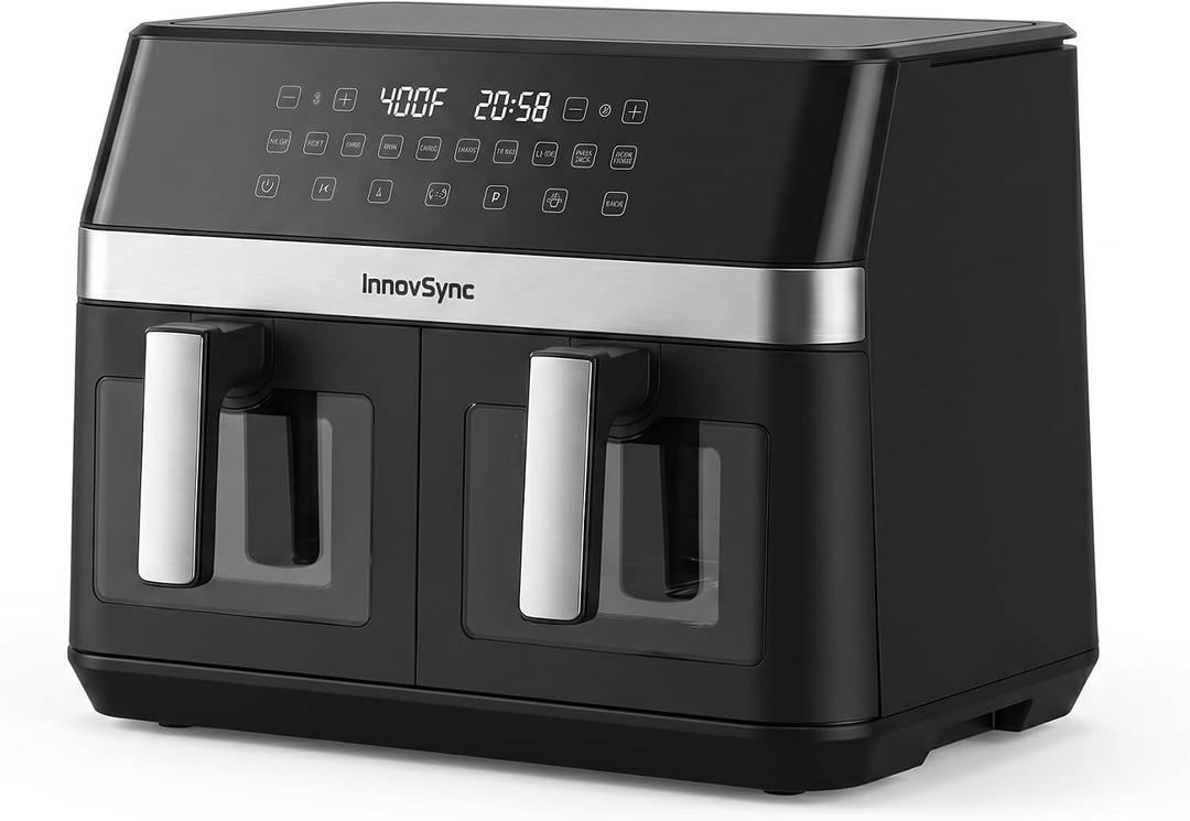 12QT Large Dual Air Fryer, 10-in-1 Double Zone Airfryer, 60° Easy-Panel with Full Touchscreen, 2 Dishes at Once, Black