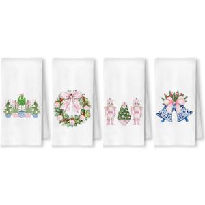 Pink Chinoiserie Christmas Kitchen Towels, Grandmillennial Christmas Dish Tea Towels, Blue White Xmas Tree Wreath Nutcracker Bell Decorative Hand Towels for Bathroom, 16x24 Inch Set of 4