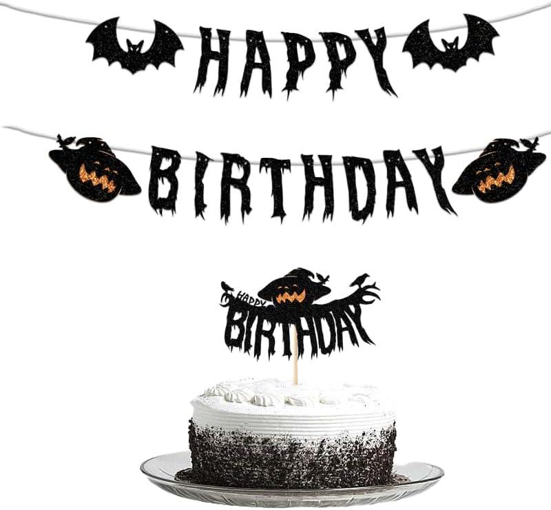 3 x Halloween Birthday Banner and Cake Hat, Halloween Horror Theme Birthday Party Decorations Supplies, Black Glittery Horror Banner Used for Party Decorations