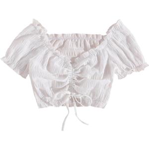 Women's Drawstring Ruched Crop Blouse Bow Tie Ruffle Short Sleeve Going Out Tops (White, S)