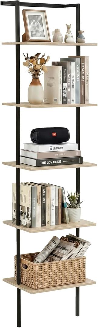 5-Tier Ladder Shelf, Wall Mounted Ladder Bookshelf with Metal Frame, Wood Tall Open Storage Rack and Display Shelves for Home Office Bedroom Living Room, Light Oak