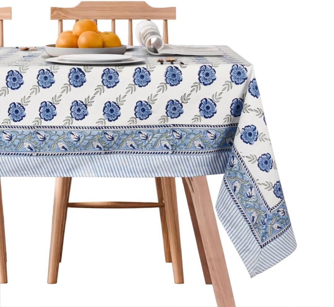 Handcrafted Hand Block Print Tablecloth 4 Seater Square 60x60 Inch - Floral Canvas Cotton - Fall & Holiday Dinner Collection - Washable Reusable Sustainable Gift-Boxed - Blue & White (Blue Dutch Delft Blossoms)