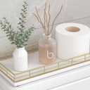 Toilet Paper Basket Organizer Oak Wood Toilet Tank Tray with Metal Frame, Bathroom Counter Top Storage for Toilet Paper, Wipes & Decor, Modern Narrow Back of Tank Shelf Organizer, Gold & White
