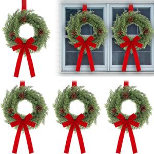 Janinka 4 Pcs Christmas Wreath for Windows 11.8 Inch Christmas Window Decorations Cabinet Wreaths with Red Bow Greenery Artificial Hanging Garlands for Fireplaces Window Home (Cedar)