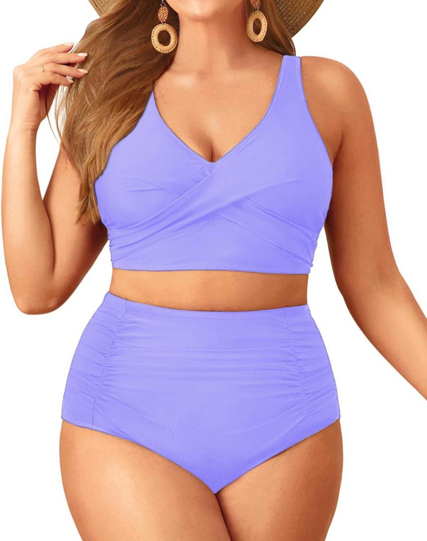 Aqua Eve Women Plus Size Two Piece Swimsuit High Waisted Bikini Set Tummy Control Bathing Suit (Lavender)