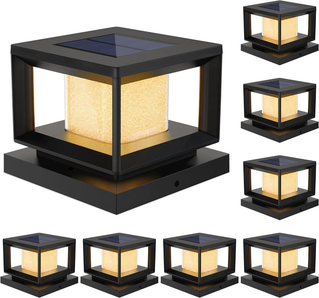 Mlambert Pack of 8 Solar Post Lights Outdoor, Waterproof Fence Cap for Deck, 4x4 6x6 Wooden Vinyl Outdoor Lights with Shinning Effect, Black