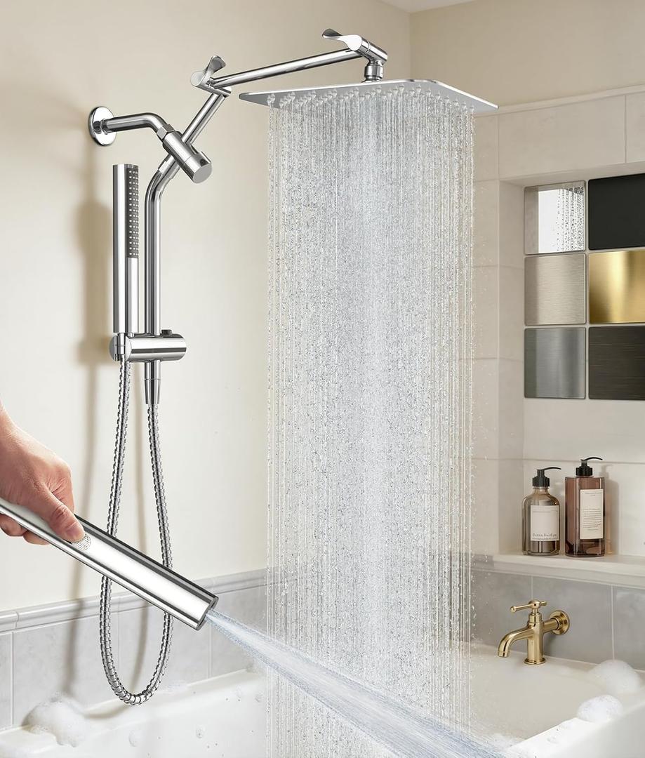 Veken All Metal 10" Shower Head with Handheld, Luxurious Square Double Rain Shower Heads,Power Wash Wand,Dual High Pressure Detachable Rainfall Showerhead with Spray Combo,Extension Arm,Chrome,Sliver