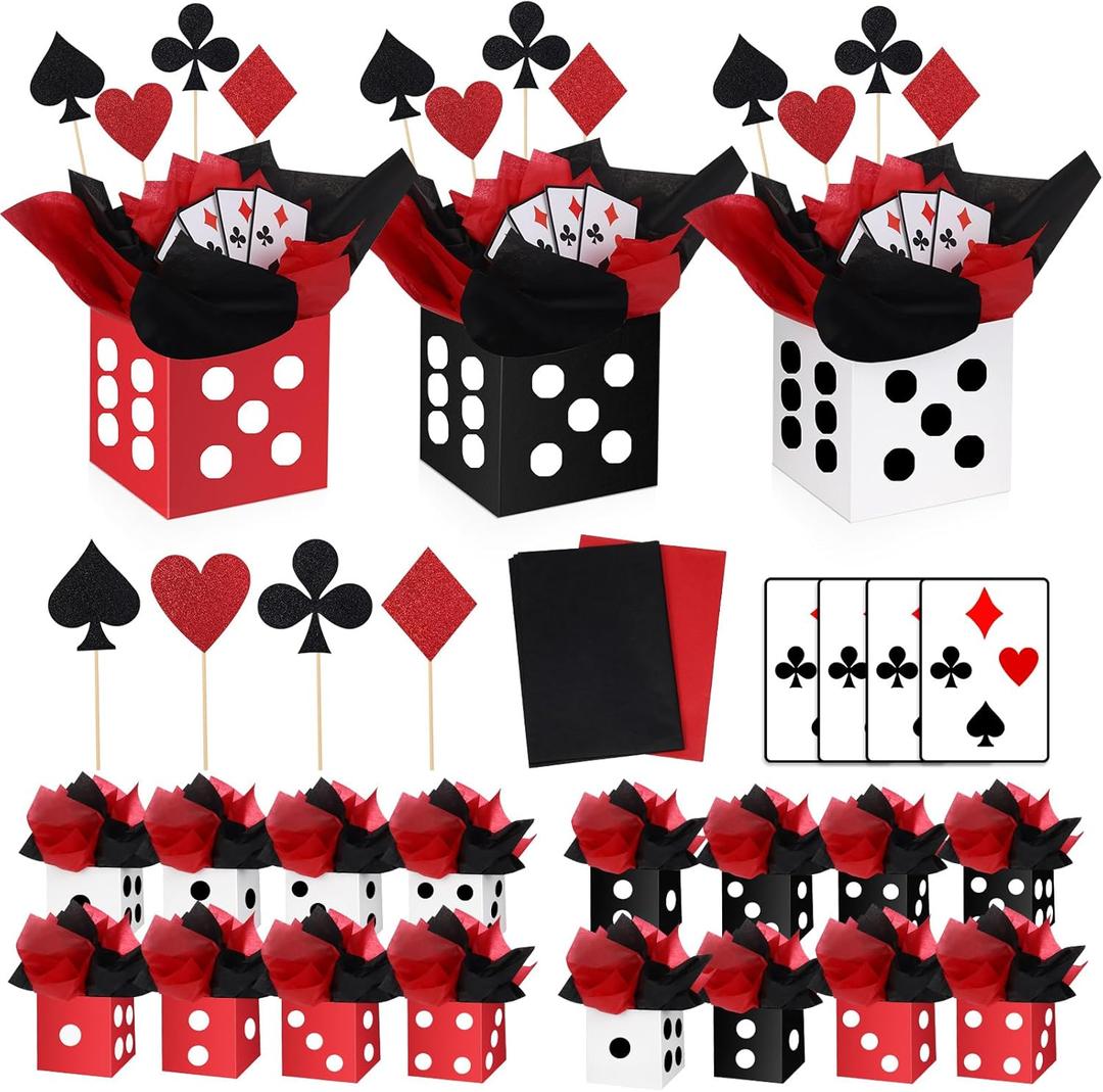 16 Sets Casino Party Decorations Themed Table Centerpieces Casino Night Table Party Toppers with White, Black, Red Dice Box Poker Cutouts and Sticks for Night Decor Birthday