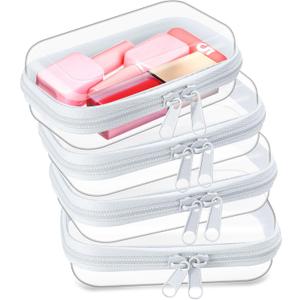 Hoolerry 4 Pcs Hard Clear Zipper Case Makeup Bags Plastic Zipper Pouch Transparent Storage Box Containers for Cosmetics, Snacks, Building Blocks, Puzzles(Clear,5 x 3 x 2 in,White)