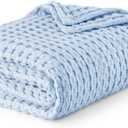 Bedsure Cooling Cotton Waffle Queen Size Blanket - Lightweight Breathable Blanket of Rayon Derived from Bamboo for Hot Sleepers, Luxury Throws for Bed, Couch and Sofa, Blue, 90x90 Inches