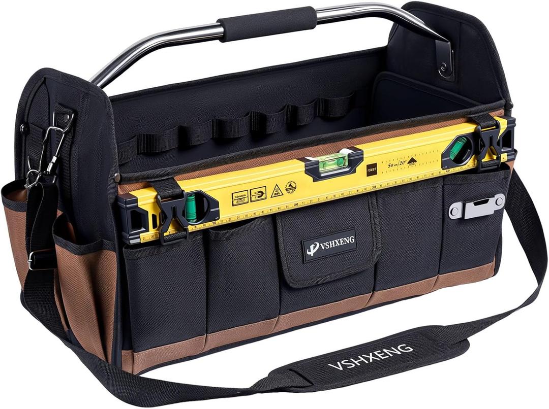 20 Inch Tool Bag, Foldable 19 Pockets Tool Tote Bags with Tool Organizer with Adjustable Shoulder Strap, Easy Carry and Easy Tool Access Open Top Tool Bag