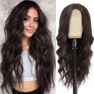 NAYOO Long Wavy Wigs for Women Dark Brown Middle Part Wig Synthetic Heat Resistant Fiber Women Wigs for Daily Party Use 26 Inch (Dark Brown)