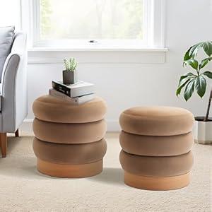 COLAMY Velvet Ottoman Footstool, Tufted Modern Foot Rest Stool with Wood Base for Living Room, Bedroom, Desk, Round Versatile Side End Table, Pouf, Makeup Seat, 2 Pcs, Camel