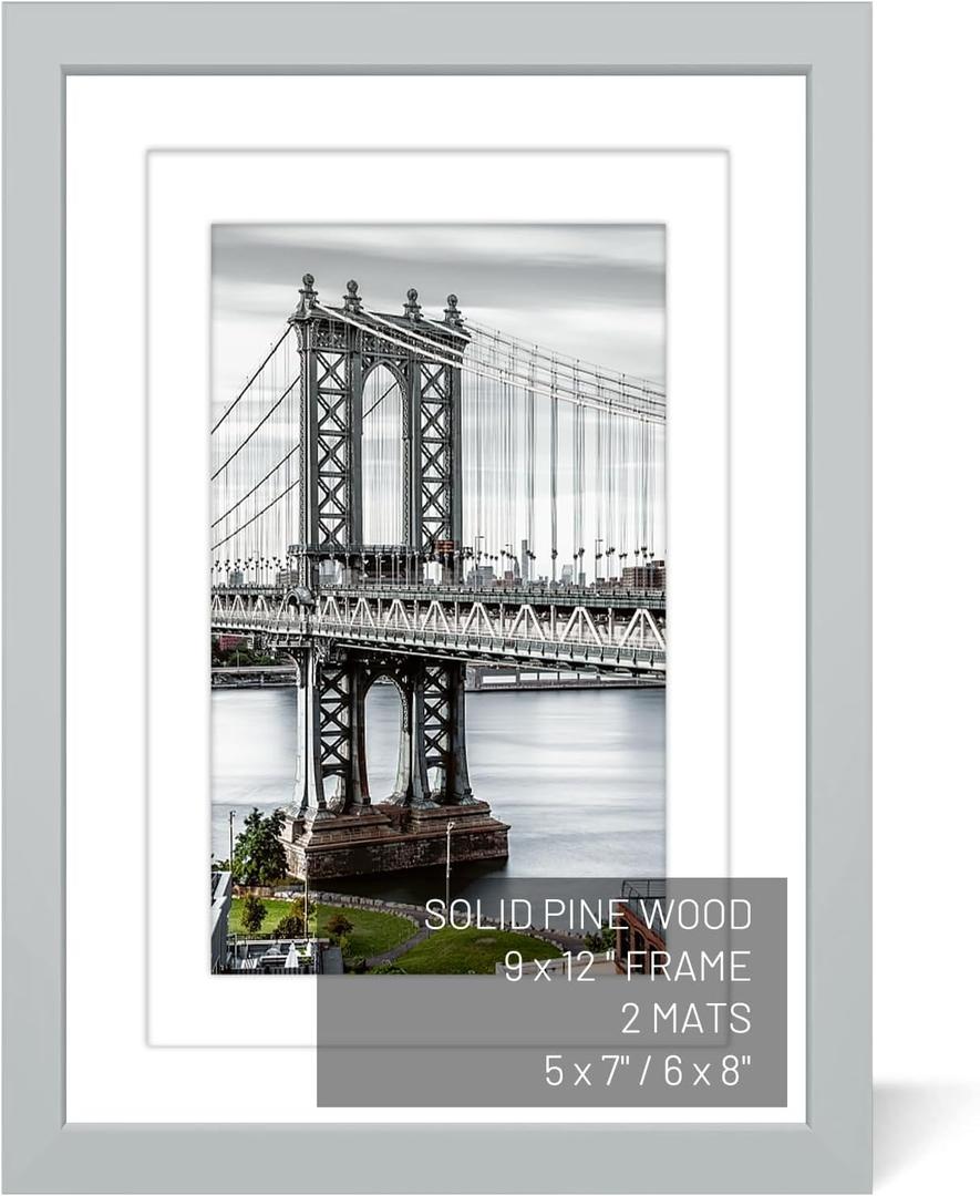 UHFWIFR 9x12 Picture Frames Solid Wood Display Pictures 6x8 or 5x7 with Mat or 9x12 Frame without Mat Poster Photo Frame Art with 2 Mats for Wall Mounting or Table Top(Gray)