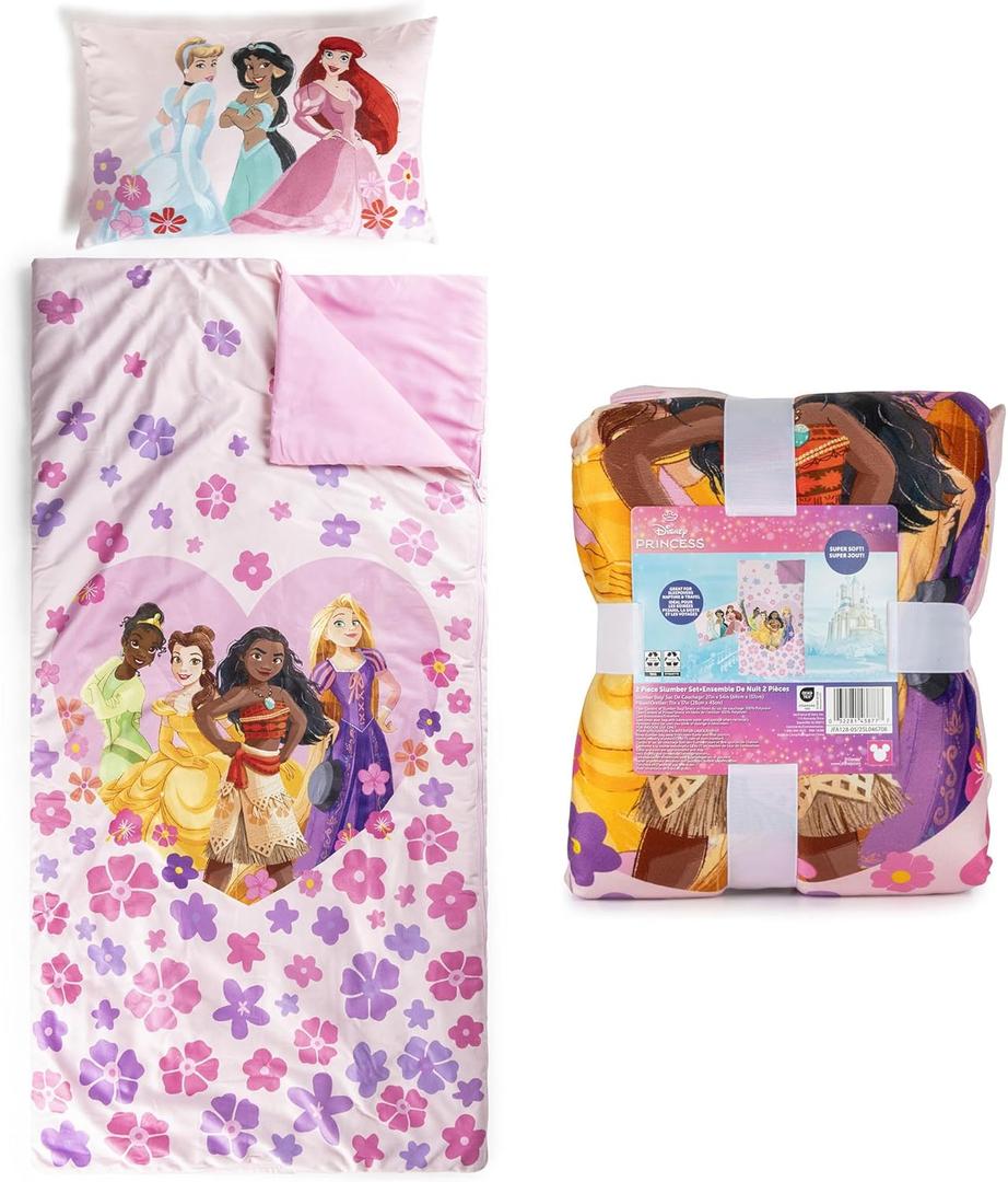 Jay Franco Kids Slumber Bag and Pillow - 54 x 27 Inch Comfy Indoor Sleeping Bag for School and Sleepovers, 2 Piece Set, Pink - Princess