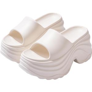 Women Round Open Toe Platform Cloud Slides Sandals Comfortable Home Soft Non-Slip Slip On Bathroom Shower Slippers Casual Summer Vacation Lightweight Cushion Beach Walking Sandals (6, White)