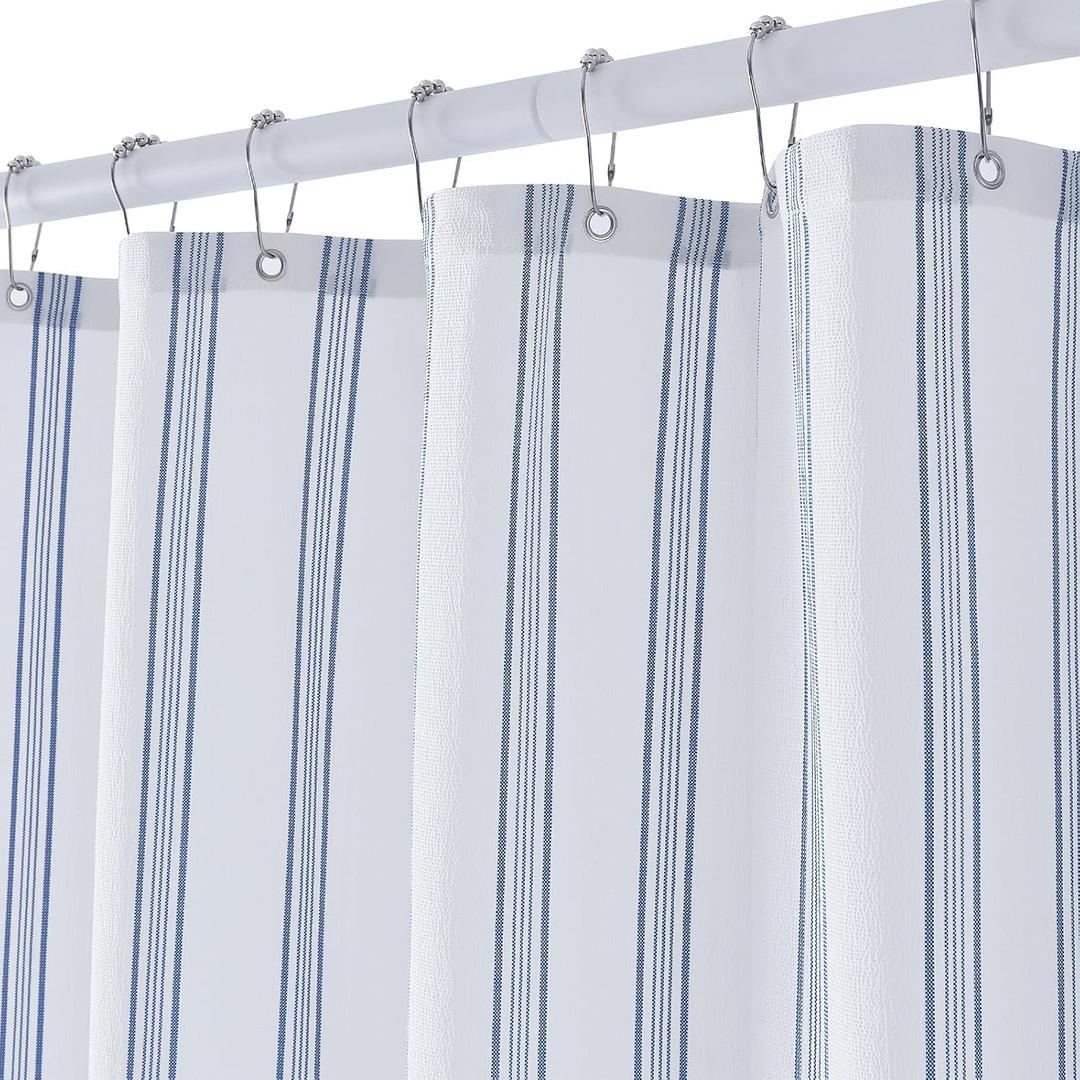 ORTIGIA Blue and White Striped Shower Curtain with 12 Metal Hooks, Crinkled Lightweight Textured Fabric Modern Farmhouse Minimalist Bathroom Curtain 72x72 Inch