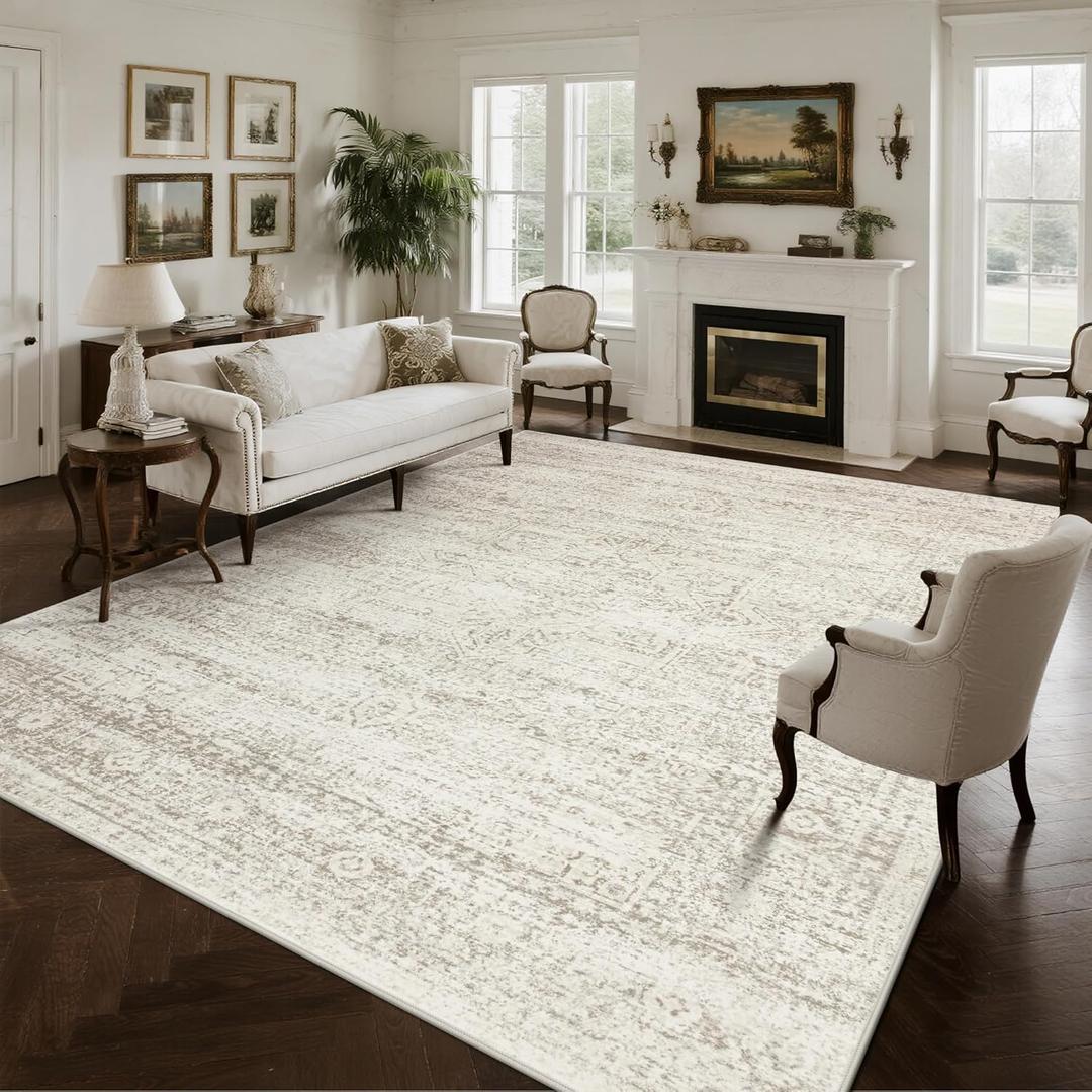 Washable Rugs 10x14 Area Rugs for Living Room,Rugs for Bedroom,Large Carpets,Ultra Soft Faux Wool Retro Dining Room Rug,Non Slip&Non-Shedding Low Pile Vintage Print Rug for Home Office Decor (Beige-ivory-cream-brown-camel)