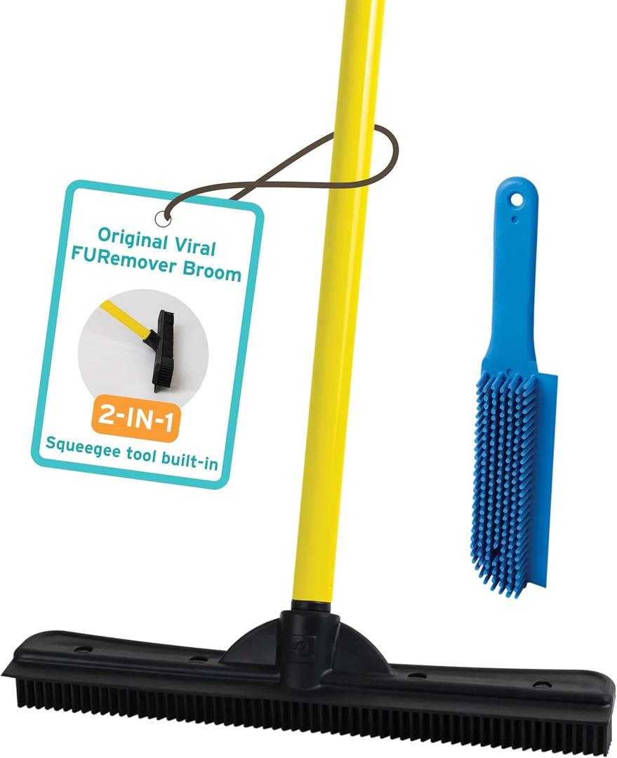 FURemover Original Pet Hair Rubber Broom with Squeegee, with 58 Telescopic Handle for Carpet, Tile and Hardwood and Handheld Lint Brush Combo (Yellow)
