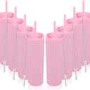 Volhoply 16oz Plastic Skinny Tumbler with Lid and Straw Bulk 8 Pack,Insulated Double Wall BPA Free Matte Acrylic Tumblers,Iced Coffee Travel Mug Reusable Party Cup,Customizable Diy Gifts (Pink,8 Set)