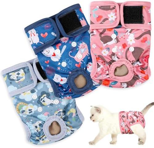 Reusable Cat Diapers 3 Pack With Good Absorbency for Female & Male Kittens - Easy to Put On, Adorable, Secure Fit (L)