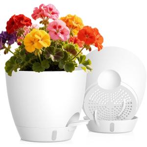 Self Watering Pots with Drainage Holes, 2 Pack 8 Inch Plant Pots with Water Level Indicator Deep Reservoir, Large Plastic Planter for Indoor Outdoor Plants - White