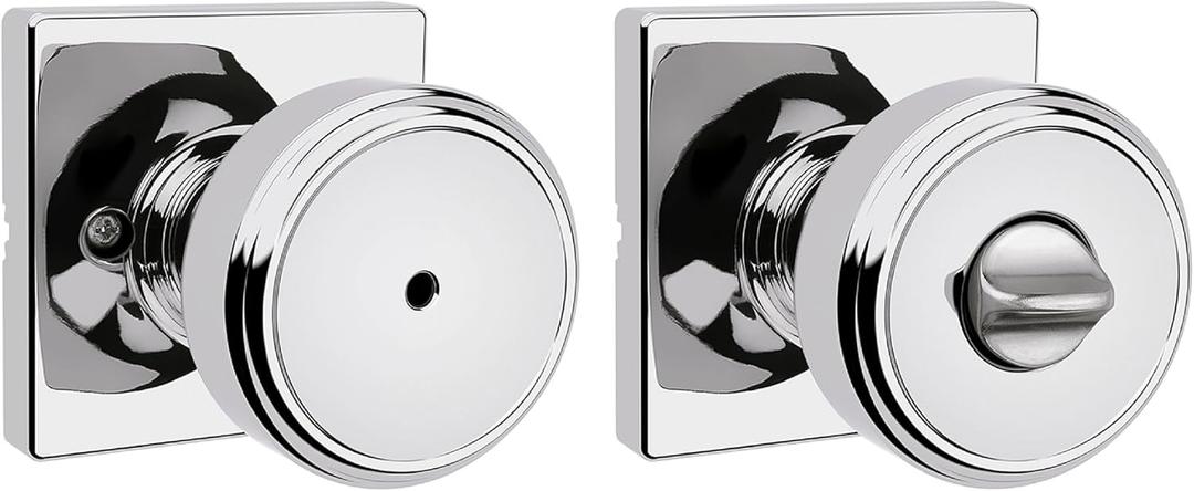 Kwikset Maven Interior Privacy Door Knob with Lock, Square Door Handle for Bathroom and Bedroom, Polished Chrome Keyless Turn Lock Doorknob, with Microban Protection