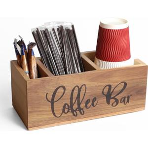 Acacia Wood Station Organizer,Coffee Station Organizer for Cup Lid Stirrers Pod, Disposable Coffee Cup Holder, Farmhouse Accessories Decor, Brown Labeled Coffee Bar