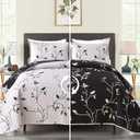 DJY Floral Quilt Set King Size 3 Piece Botanical Leaves White and Black Quilt Bedspread Reversible Coverlet Set, Elegant Lightweight Floral Bedding Set with Pillowcases for All Season