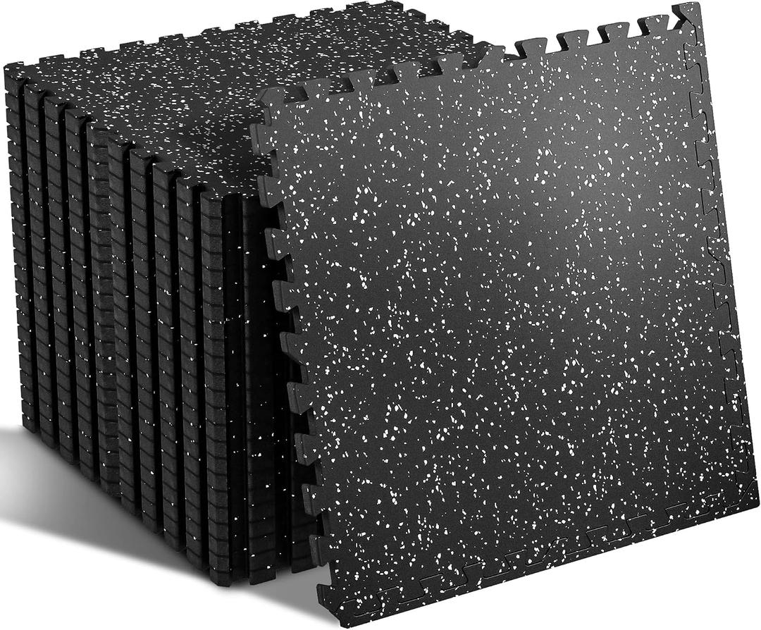 SUPERJARE 0.56'' Thick 12 Pcs 48 Sq Ft Rubber Top Exercise Equipment Mats, High Density EVA Foam Mats with Rubber Top, Interlocking Gym Flooring for Home Gym, Protective Workout Mat, Black/Grey
