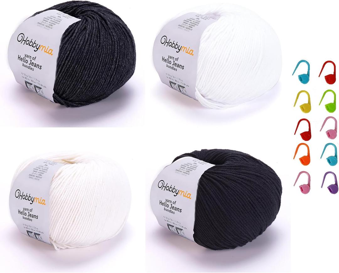4 Balls Different Color Cotton Yarn Pack & 10pcs Stitch Markers, Soft Yarn for Knitting & Crochet - 50gr / 175yds Each Ball - (2) Sport, Fine Weight Yarn for Amigurumi (H02 - Black & White)