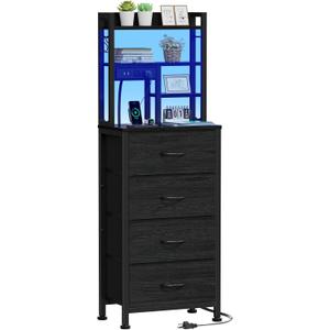 Furnulem Tall Nightstand, LED Night Stand with Charging Station and USB Ports, 4 Fabric Drawers and 4 Tier Storage Shelf, Nightstands Bedside Tables for Bedroom, Dorm, Office (Black Oak)