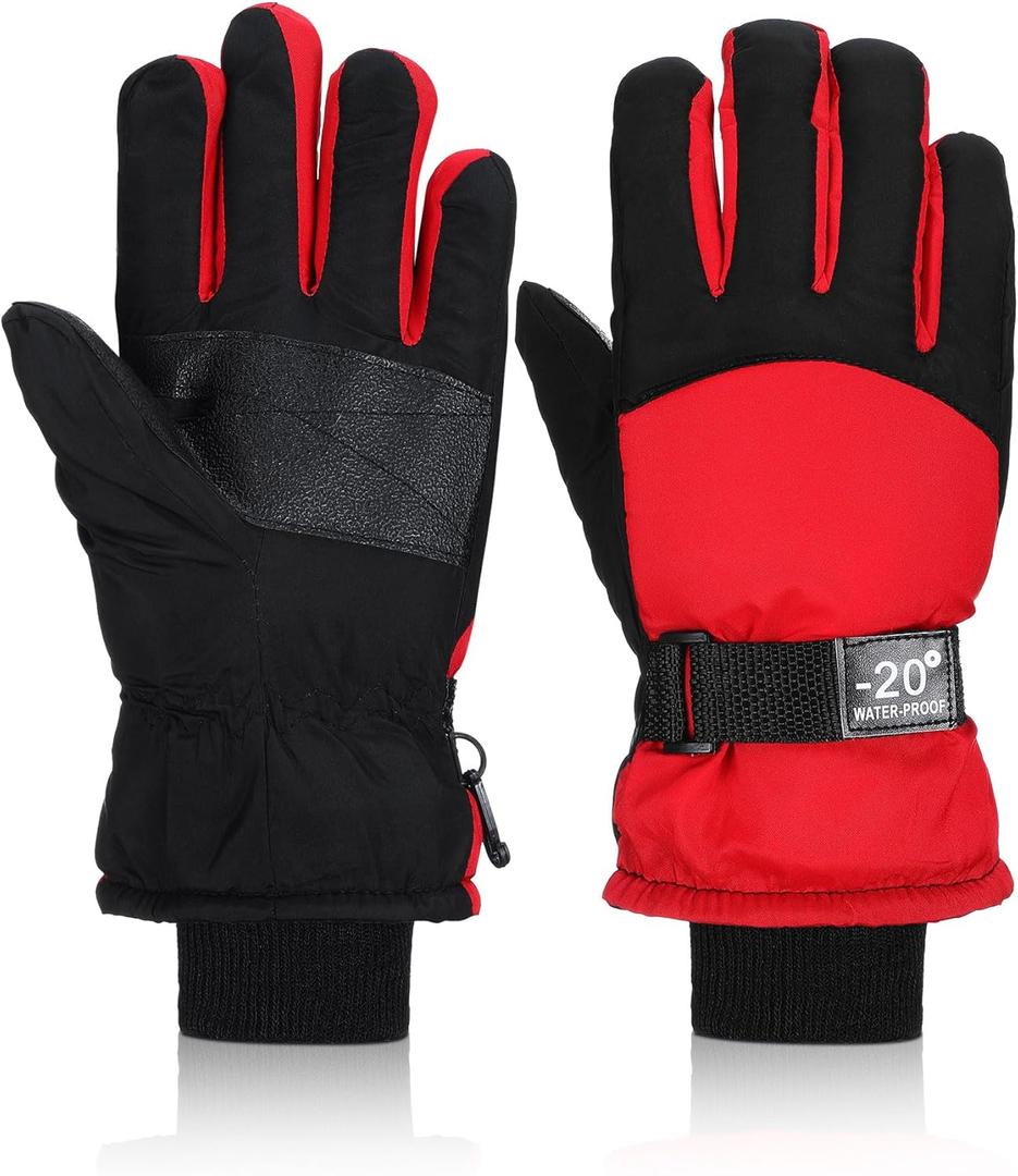 Geyoga Kids Waterproof Winter Snow Ski Gloves for Boy Girl Outdoor Warm Thickening Snowboard Gloves (6-10 Years, Red)