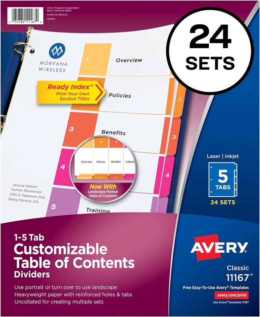 Avery 5 Tab Dividers for 3 Ring Binders, Customizable Table of Contents, Multicolor Tabs, 24 Sets (11167)