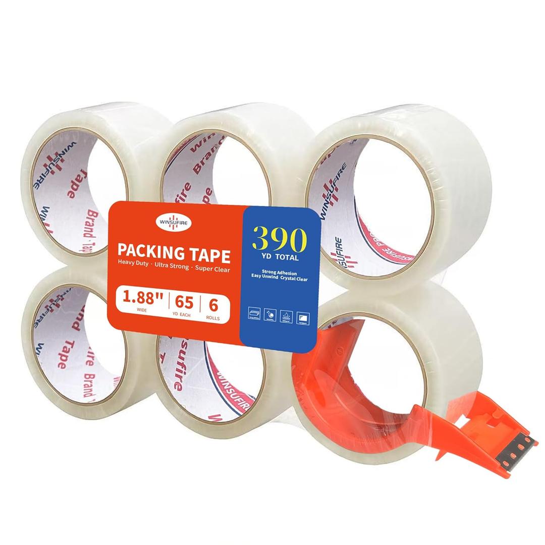 Heavy Duty Packing Tape for Shipping, Scotch Tape,Total 390Y, 1.88 inch x 65 Yards,6 Pack Clear Packing Tape, Scotch Packaging Tape with Dispenser