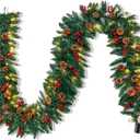 Joiedomi 9Ft Artificial Christmas Garland Prelit with LED Lights, 27 Pine Cones, 27 Red Berries for Home & Office Christmas Indoor and Outdoor Decorations (Battery Powered, Batteries not Included)