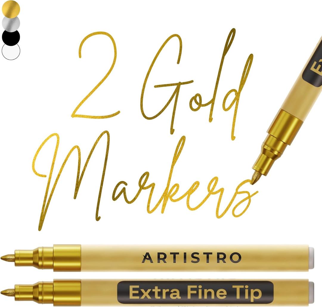 ARTISTRO 2 Acrylic Paint Pens for Rock Painting Ceramic Wood Glass Tire Plastic, Fabric Marker Paint Markers Ideal for Labeling DIY Crafts Art Projects, 0.7mm Extra Fine Tip, Gold (Gold)